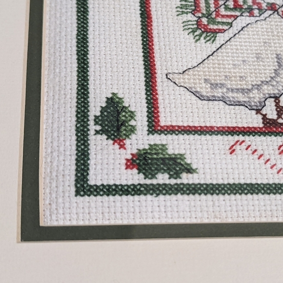 Vintage Cross Stitch Framed 8 Geese Gathering Christmas Holiday Blue Bird Holly - Picture 6 of 11